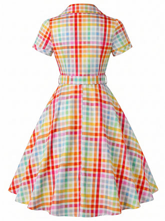Mehrfarbiges 40er Kleid mit Kurzarm und Karo