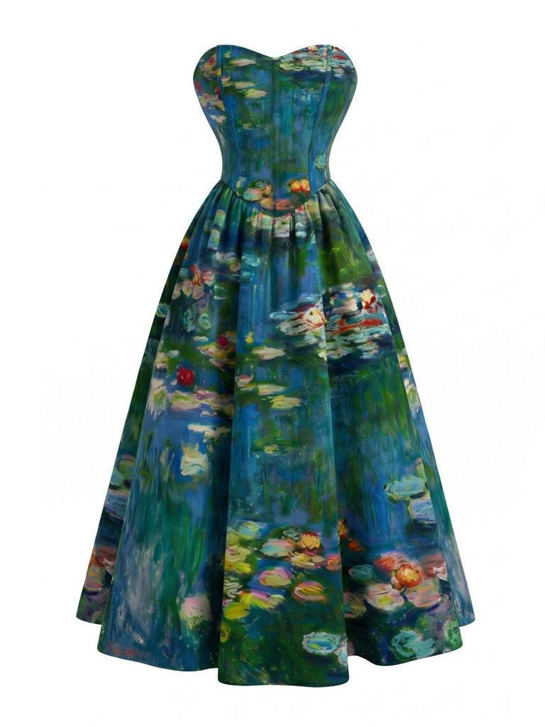 Hellblaues 50er trägerloses Kleid mit Sonnenschirm-Frauenmotiv
