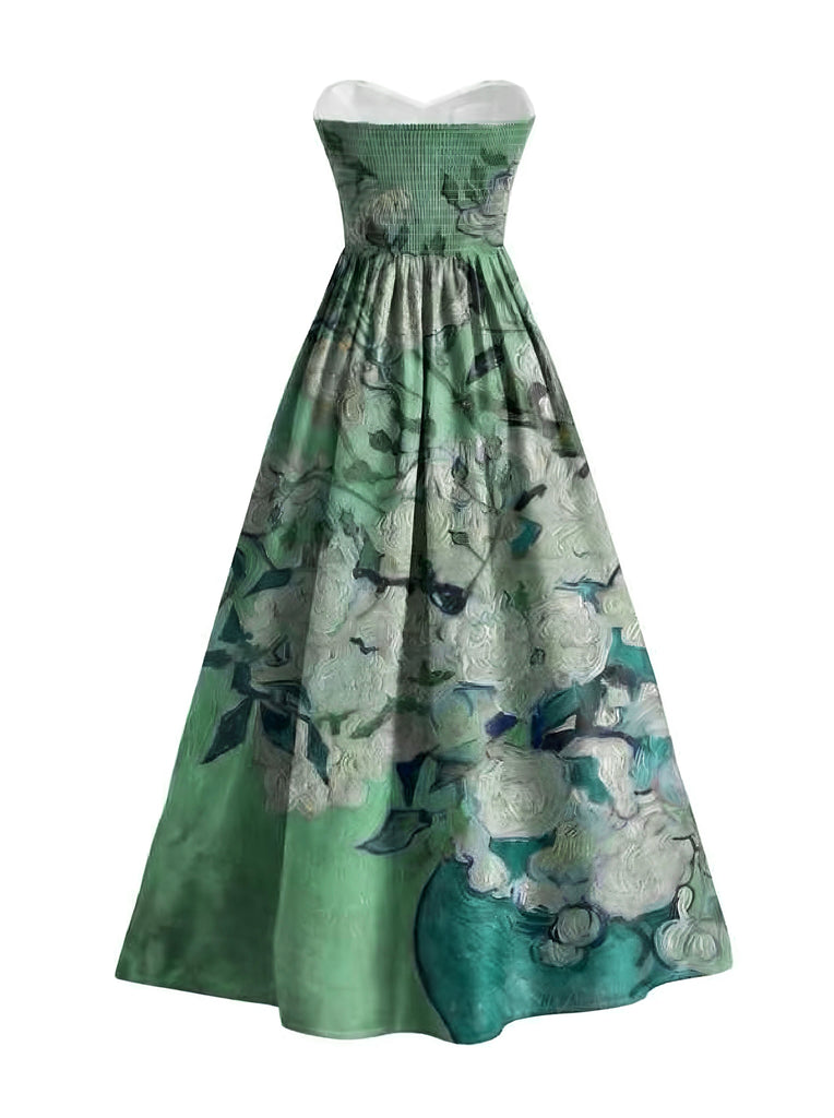 Hellblaues 50er trägerloses Kleid mit Sonnenschirm-Frauenmotiv