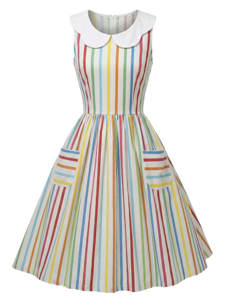 1960er Regenbogen Streifen Peter-Pan Kragen Ärmelloses Kleid
