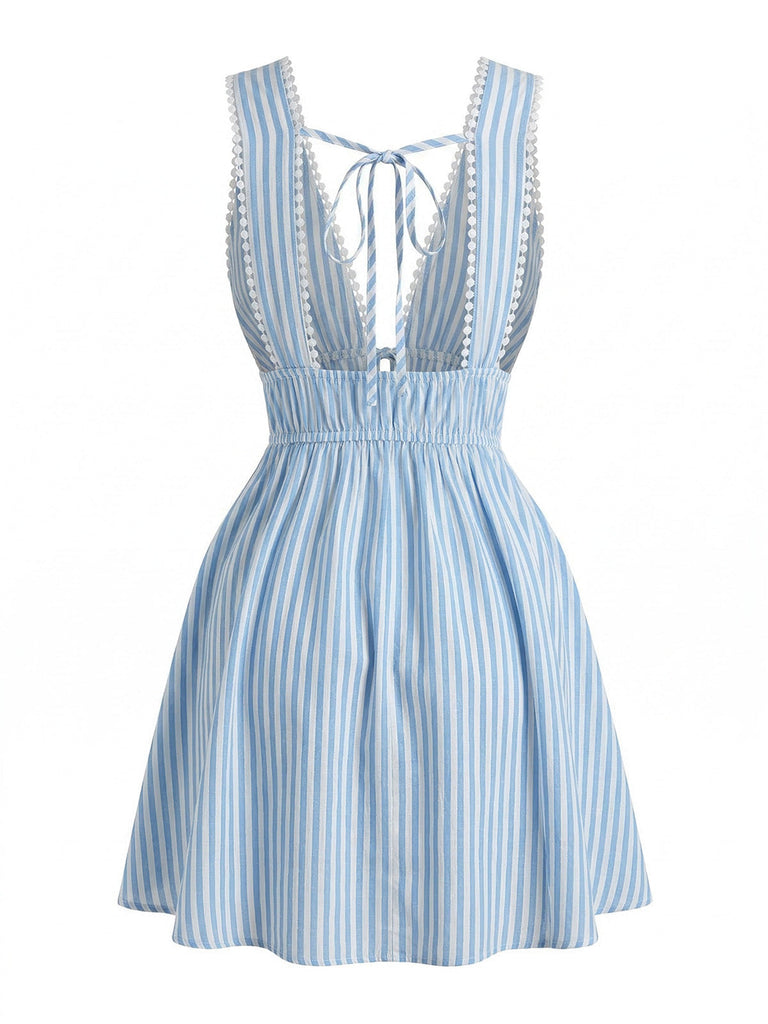 Blau 1960er Ärmellos Tief V-Ausschnitt Rückenfrei Streifen Kleid