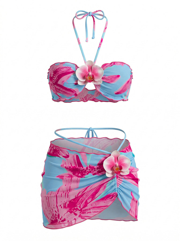 2PCS 1960er Blumen Drucken Halfter Bikini-Set & Figurbetont Abdeckung Up