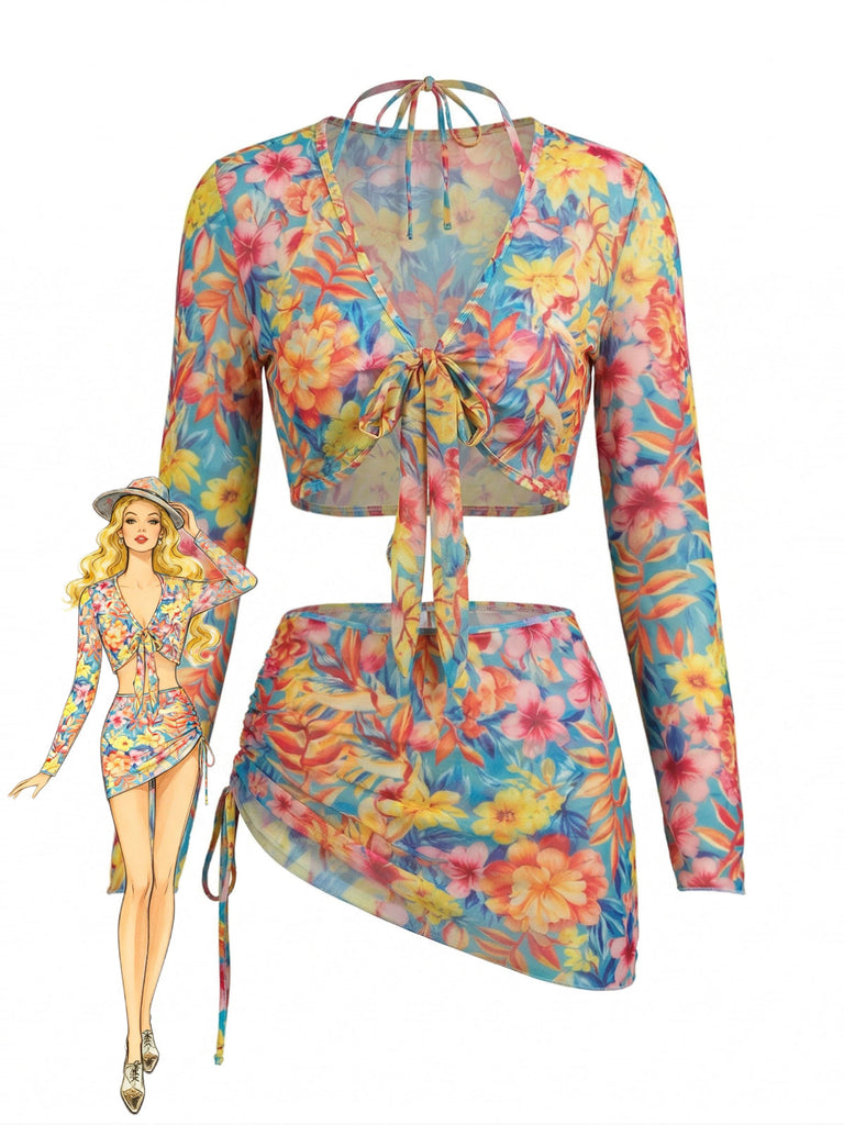 60er Netz-Bikini-Set & Cover-Up mit Neckholder und Blumen