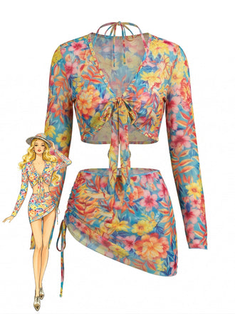 60er Netz-Bikini-Set & Cover-Up mit Neckholder und Blumen