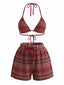 60er Bikini-Set mit Neckholder, Streifen und Dreieck-Top in Weinrot