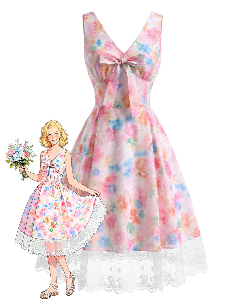Mehrfarbiges 50er Kleid mit Blumen und Schleife