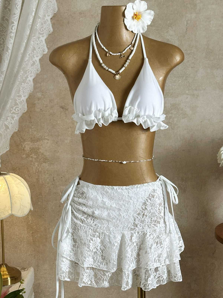 Weinrot 1960er Rüschen Halter Bikini Set & Blumen Spitze Cover-Up
