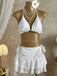 Weinrot 1960er Rüschen Halter Bikini Set & Blumen Spitze Cover-Up