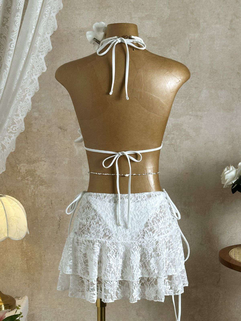 Weinrot 1960er Rüschen Halter Bikini Set & Blumen Spitze Cover-Up