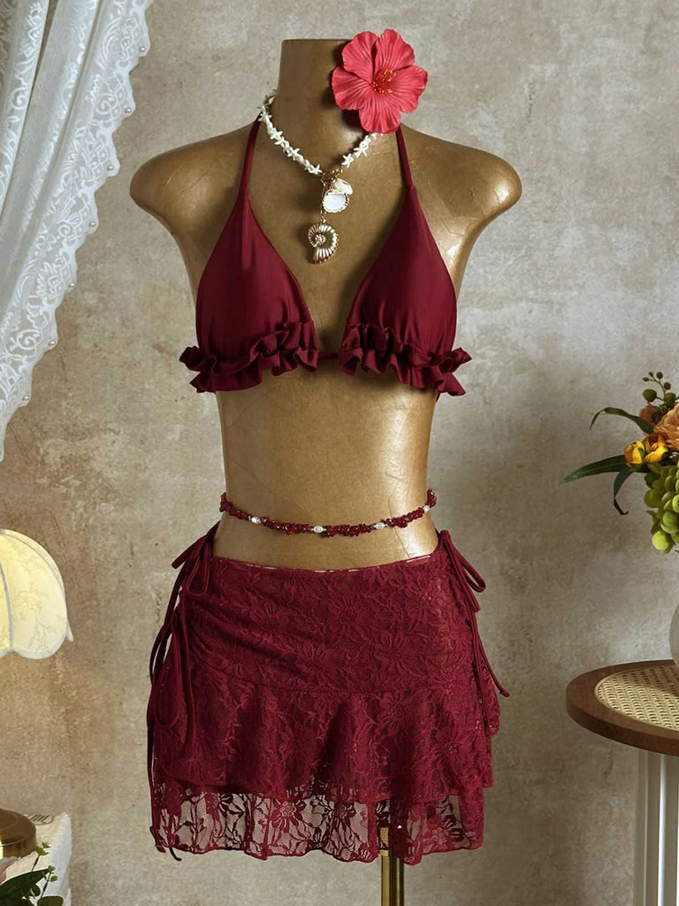 Weinrot 1960er Rüschen Halter Bikini Set & Blumen Spitze Cover-Up