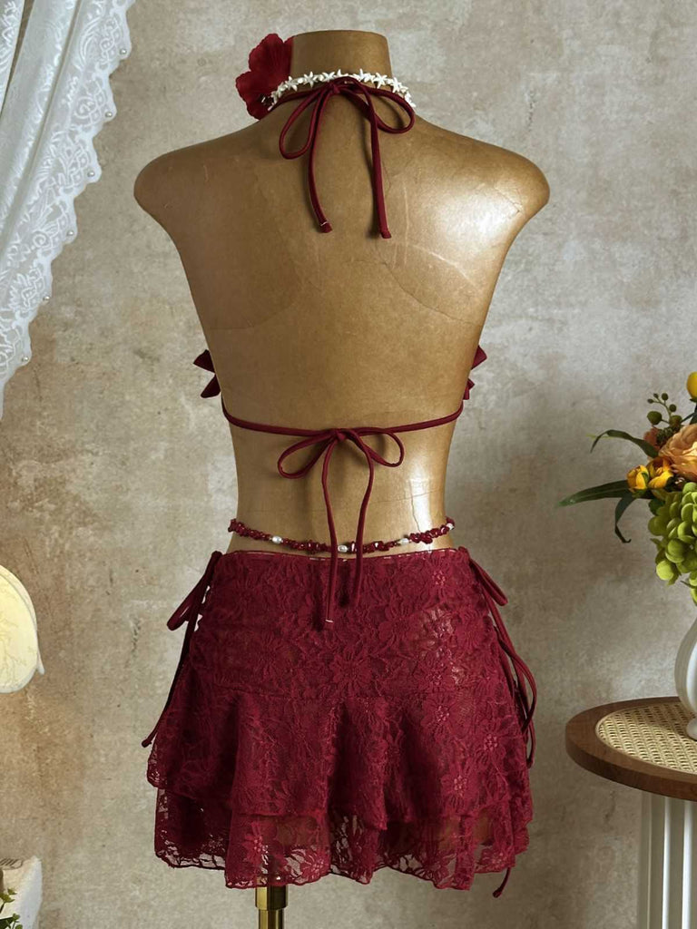 Weinrot 1960er Rüschen Halter Bikini Set & Blumen Spitze Cover-Up