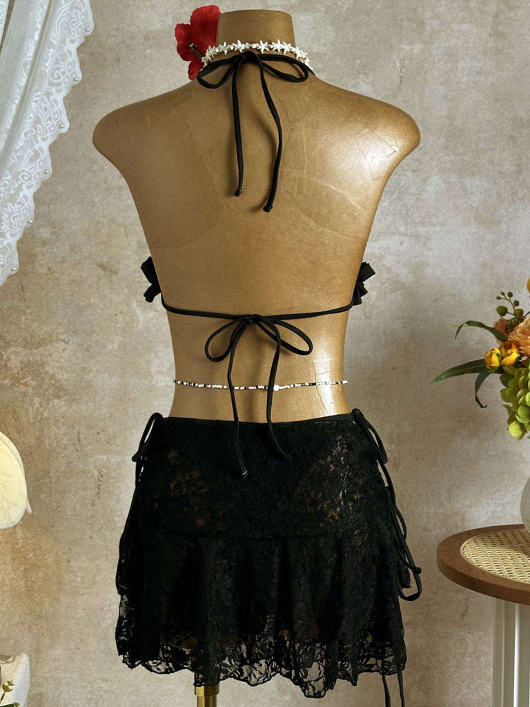 Weinrot 1960er Rüschen Halter Bikini Set & Blumen Spitze Cover-Up