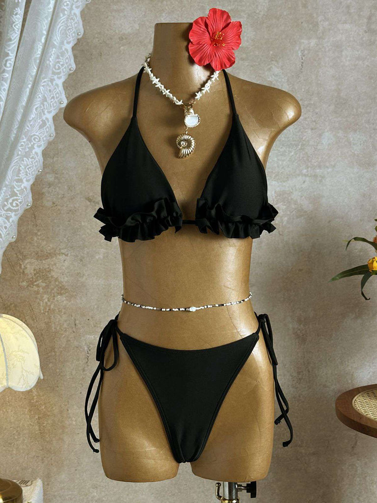 Weinrot 1960er Rüschen Halter Bikini Set & Blumen Spitze Cover-Up