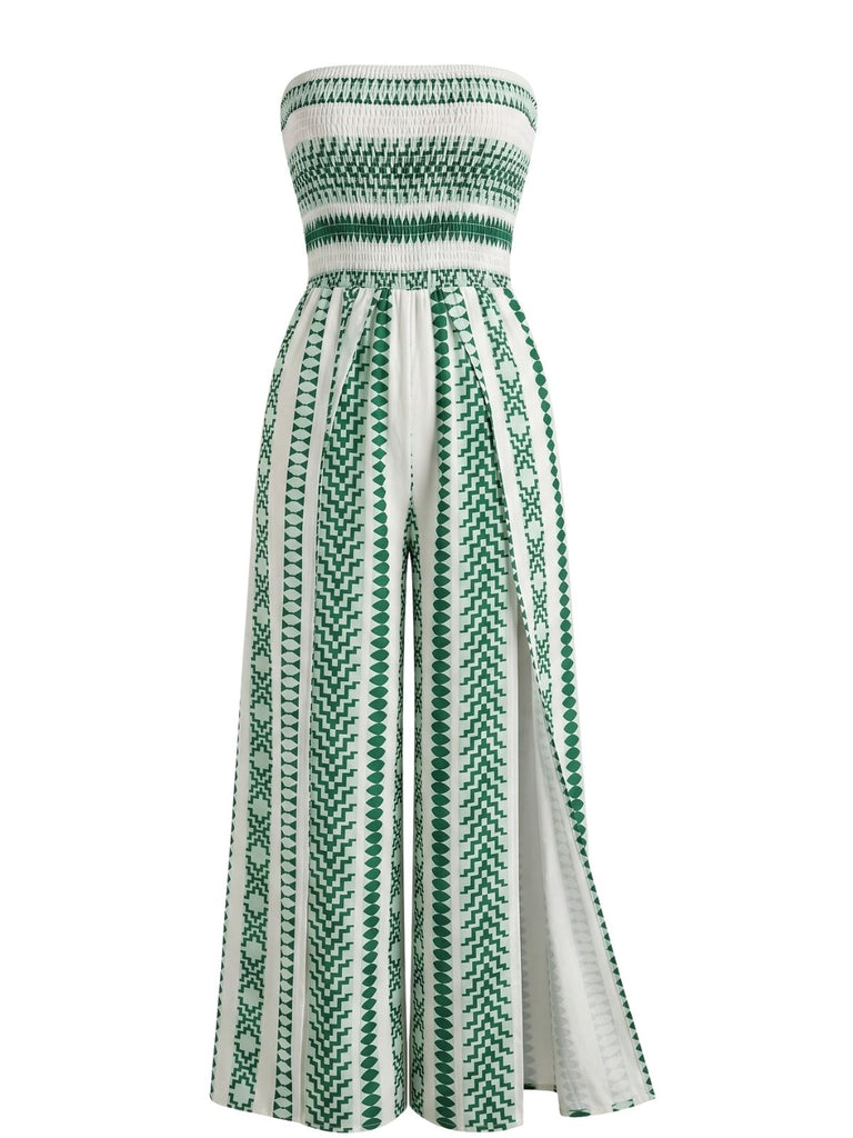 Grüner 60er Trägerloser Jumpsuit mit Streifen und Schlitz