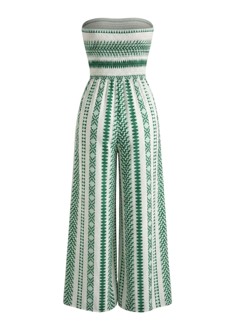 Grüner 60er Trägerloser Jumpsuit mit Streifen und Schlitz