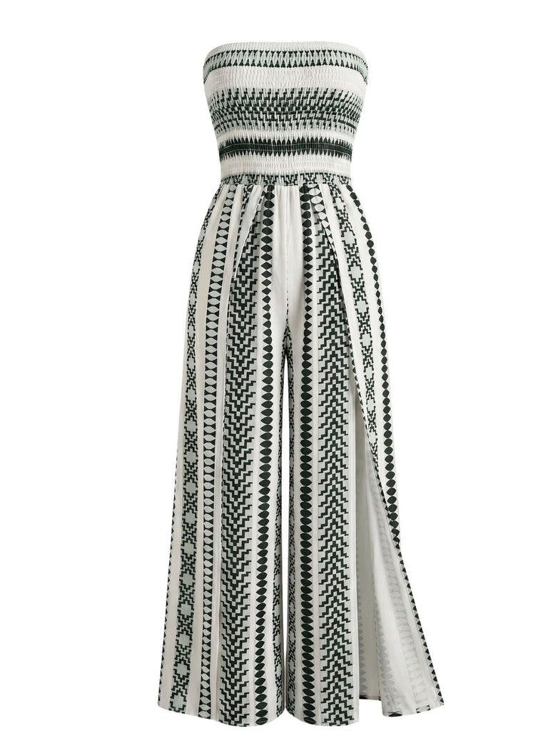 Grüner 60er Trägerloser Jumpsuit mit Streifen und Schlitz
