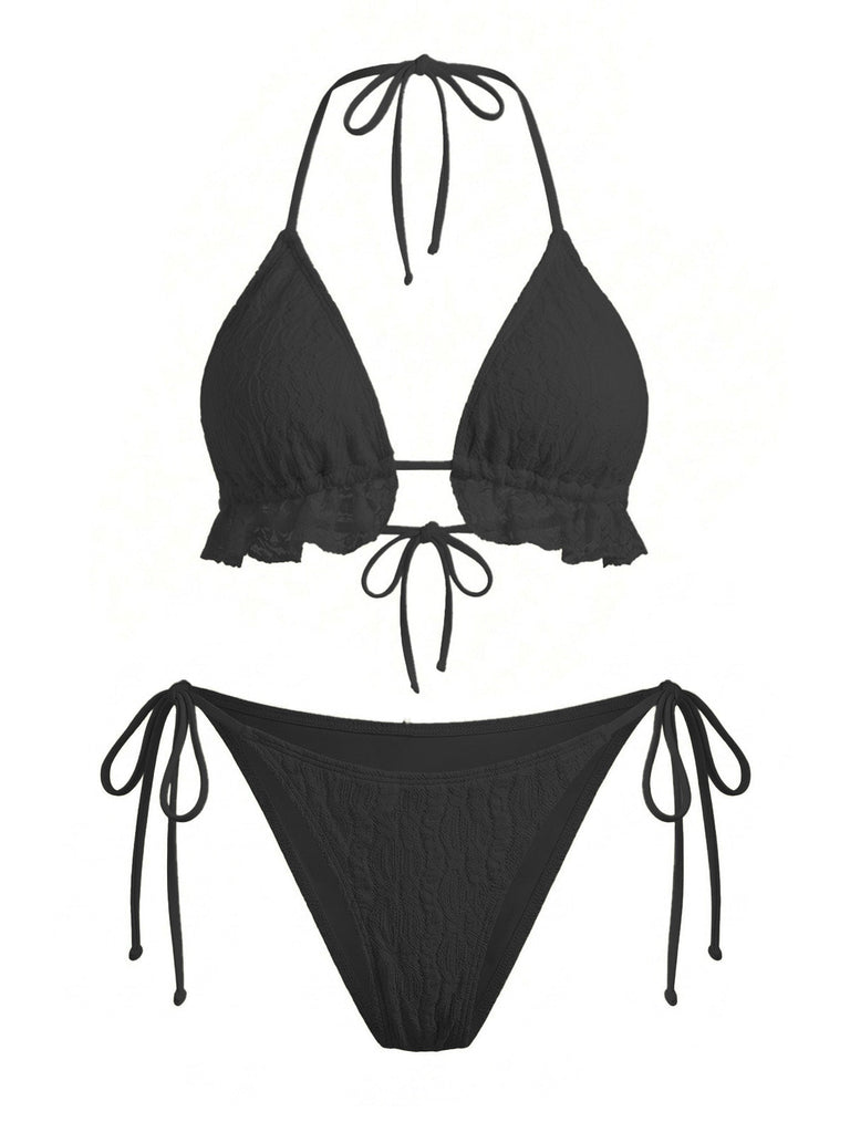 2PCS 1960er Uni Halfter Spitze Bikini-Set & Rüschen Abdeckung Up