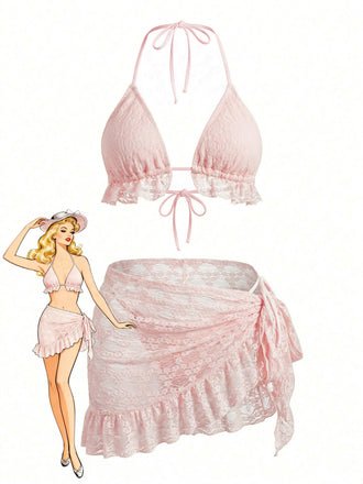 2PCS 1960er Uni Halfter Spitze Bikini-Set & Rüschen Abdeckung Up