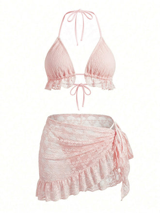 2PCS 1960er Uni Halfter Spitze Bikini-Set & Rüschen Abdeckung Up