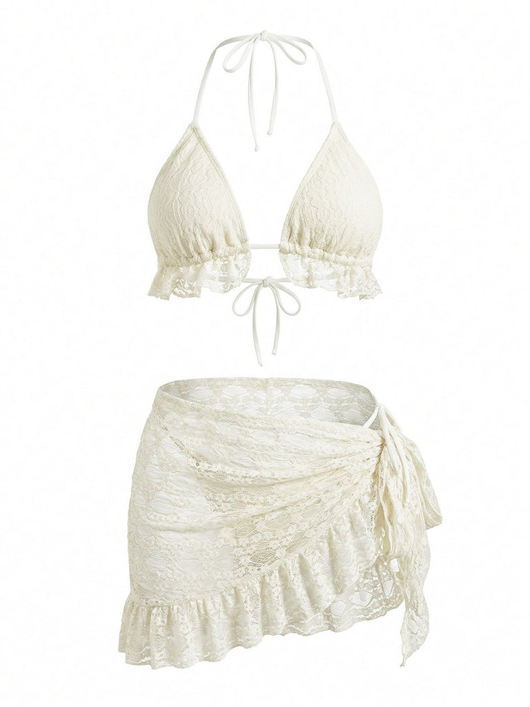 2PCS 1960er Uni Halfter Spitze Bikini-Set & Rüschen Abdeckung Up
