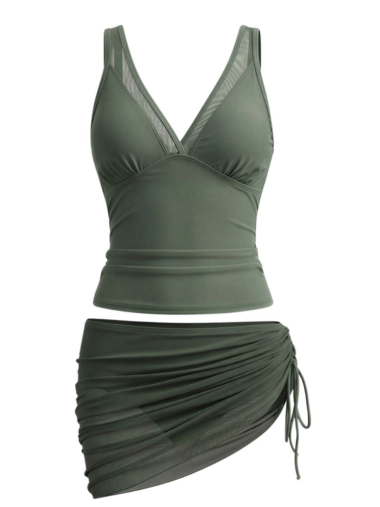 60er Netz-Tankini-Set mit V-Ausschnitt und gerafft