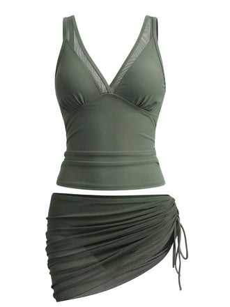 60er Netz-Tankini-Set mit V-Ausschnitt und gerafft
