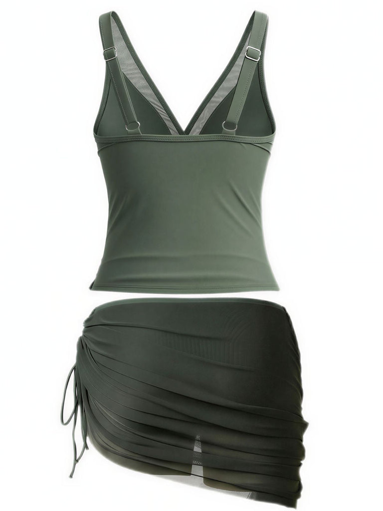 60er Netz-Tankini-Set mit V-Ausschnitt und gerafft