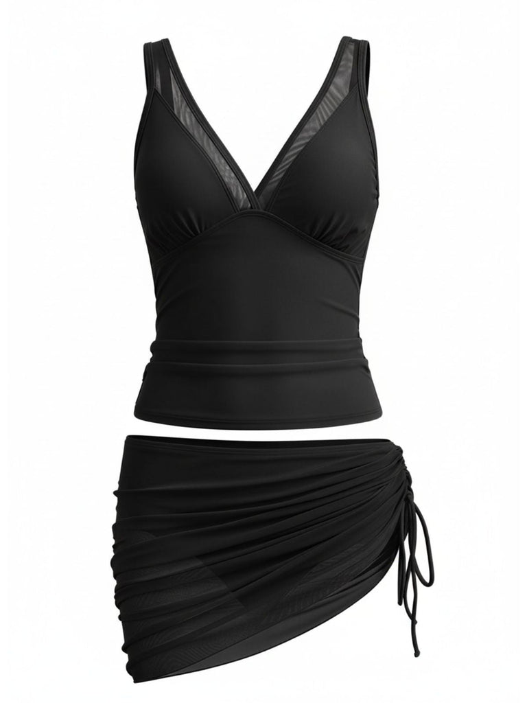 60er Netz-Tankini-Set mit V-Ausschnitt und gerafft