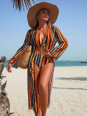 60er Bikini-Set & Shorts & Cover-Up mit Schnürung und Streifen