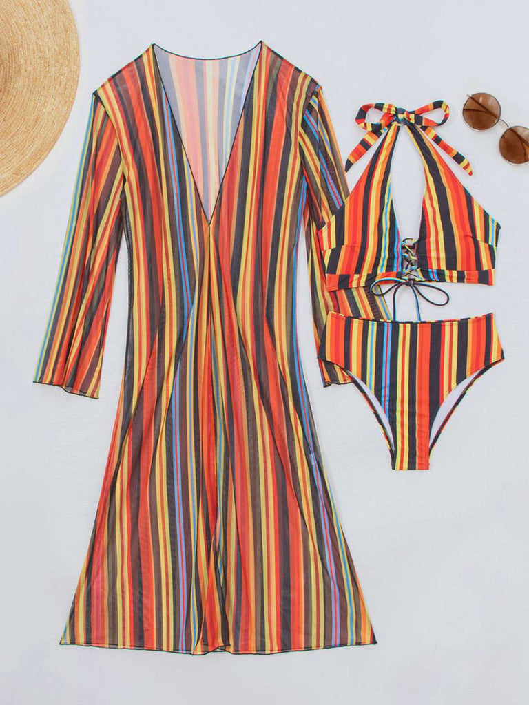 60er Bikini-Set & Shorts & Cover-Up mit Schnürung und Streifen