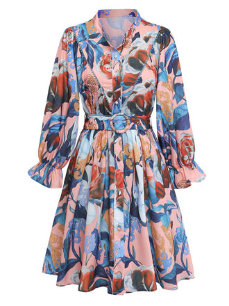 1970er Blumen Laternenärmel Hemdkragen Gürtel Kleid