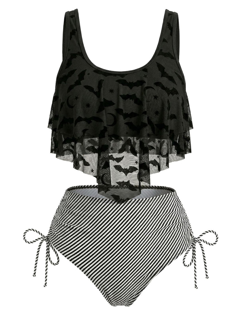 1970er Gothic Netz Streifen Fledermaus Print Tankini Set