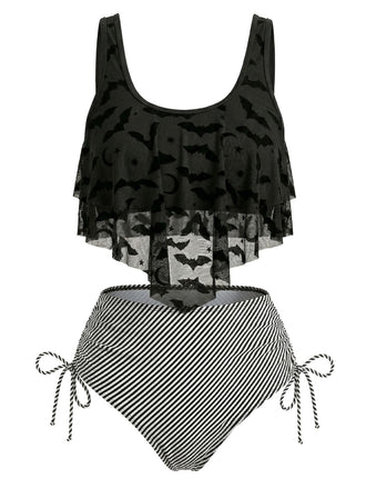 1970er Gothic Netz Streifen Fledermaus Print Tankini Set