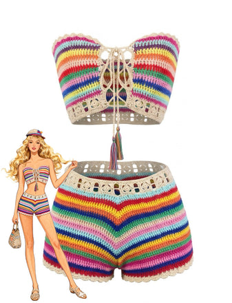 Regenbogenfarbenes, gehäkeltes Bandeau-Bikini-Set aus den 1970er Jahren – Vintage-Mode, Retro-Stil