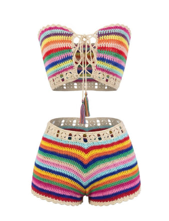 Regenbogenfarbenes, gehäkeltes Bandeau-Bikini-Set aus den 1970er Jahren – Vintage-Mode, Retro-Stil