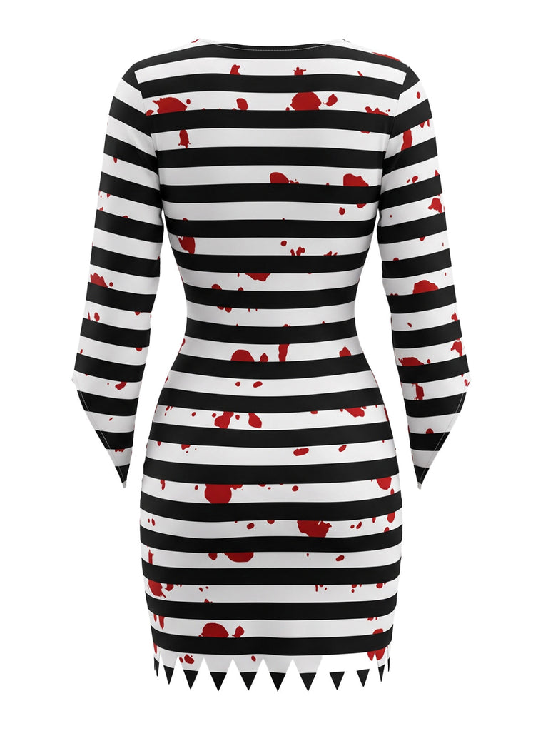 70er Halloween Sträflingskleid mit Blut-Print und Streifen