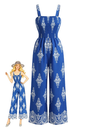 70er Boho Jumpsuit mit Blumen-Print und Smok