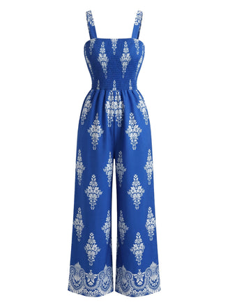 70er Boho Jumpsuit mit Blumen-Print und Smok