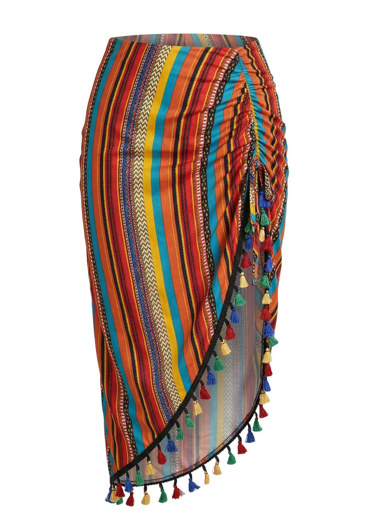 Regenbogen 70er Boho Netz-Rock & Cover-Up mit gerafft und Streifen