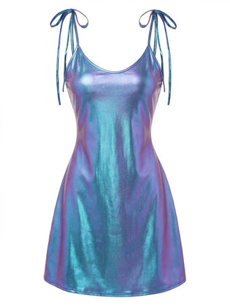 Blaues Minikleid aus Lackleder im Stil der 1970er Jahre mit Spaghettiträgern – Vintage-Kleid, Retro-Mode
