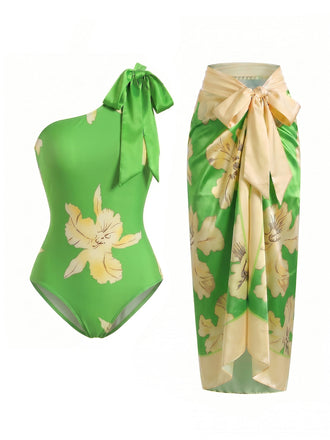 70er Badeanzug & Cover-Up mit One-Shoulder und Blumen
