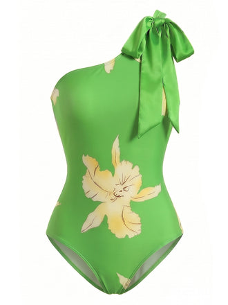 70er Badeanzug & Cover-Up mit One-Shoulder und Blumen