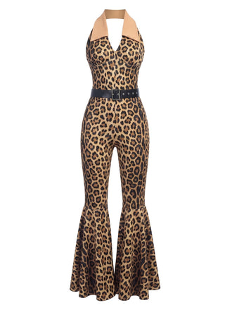 Leoparden-Printer & Brauner 70er Jumpsuit mit Neckholder und Patchwork