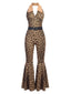 [Vorverkauf] Brauner 70er Neckholder-Jumpsuit mit Leopardenmuster