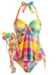 [Vorverkauf] Regenbogenfarbenes 70er Neckholder-Tankini-Set mit Karo und Sternen