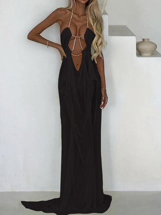 70er Netz-Maxikleid mit Neckholder und Cut-out
