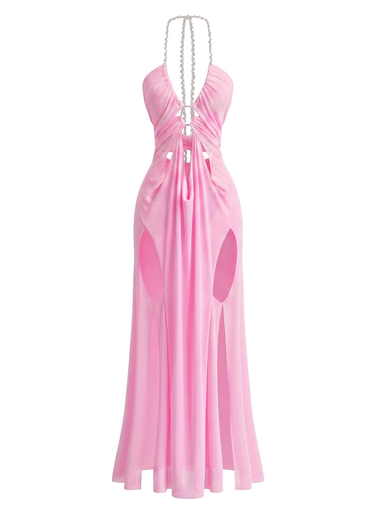 70er Netz-Maxikleid mit Neckholder und Cut-out
