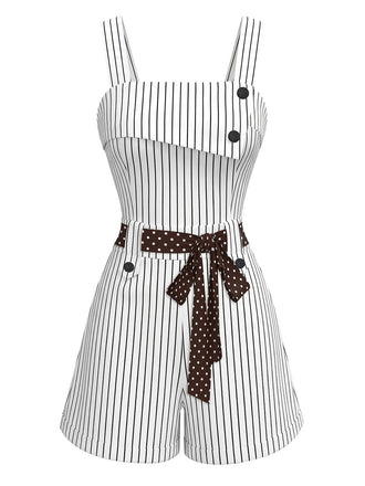 Ärmelloser Jumpsuit mit Gürtel im Stil der 1980er Jahre mit Nadelstreifen- und Punktmuster für einen sommerlichen Retro-Look