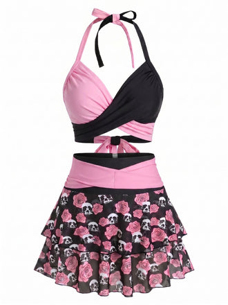 [Vorverkauf] Schwarzer & Rosa 80er Gothic Bikini Set mit Totenkopf und Rose