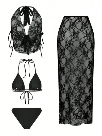 80er Bikini-Set & Cover-Up mit Spitze und 4 Stück